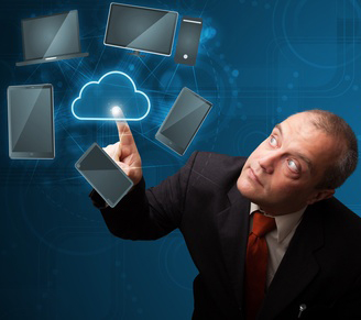 Businessman touching high technology cloud service
